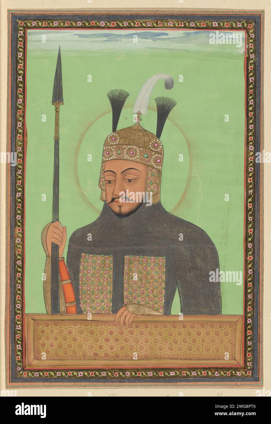 Portrait of Timur, also called Tamerlan, c. 1686 drawing. Indian miniature Tamerlan (1336-1405) is depicted up to his waist, half to the left, with a helmet on his head, a lance in his right hand and his left hand rest on the balustrade. Page 1a in the `Witsen-Album ', with 49 Indian miniatures of princes. Above the portrait a piece of paper with the name in Persian. Under the portrait a piece of paper with the name in the Portuguese. Golkonda paper. deck paint. gold leaf. gouache (paint) brush ruler, sovereign. historical person (...) - historical person (...) portrayed alone Stock Photo